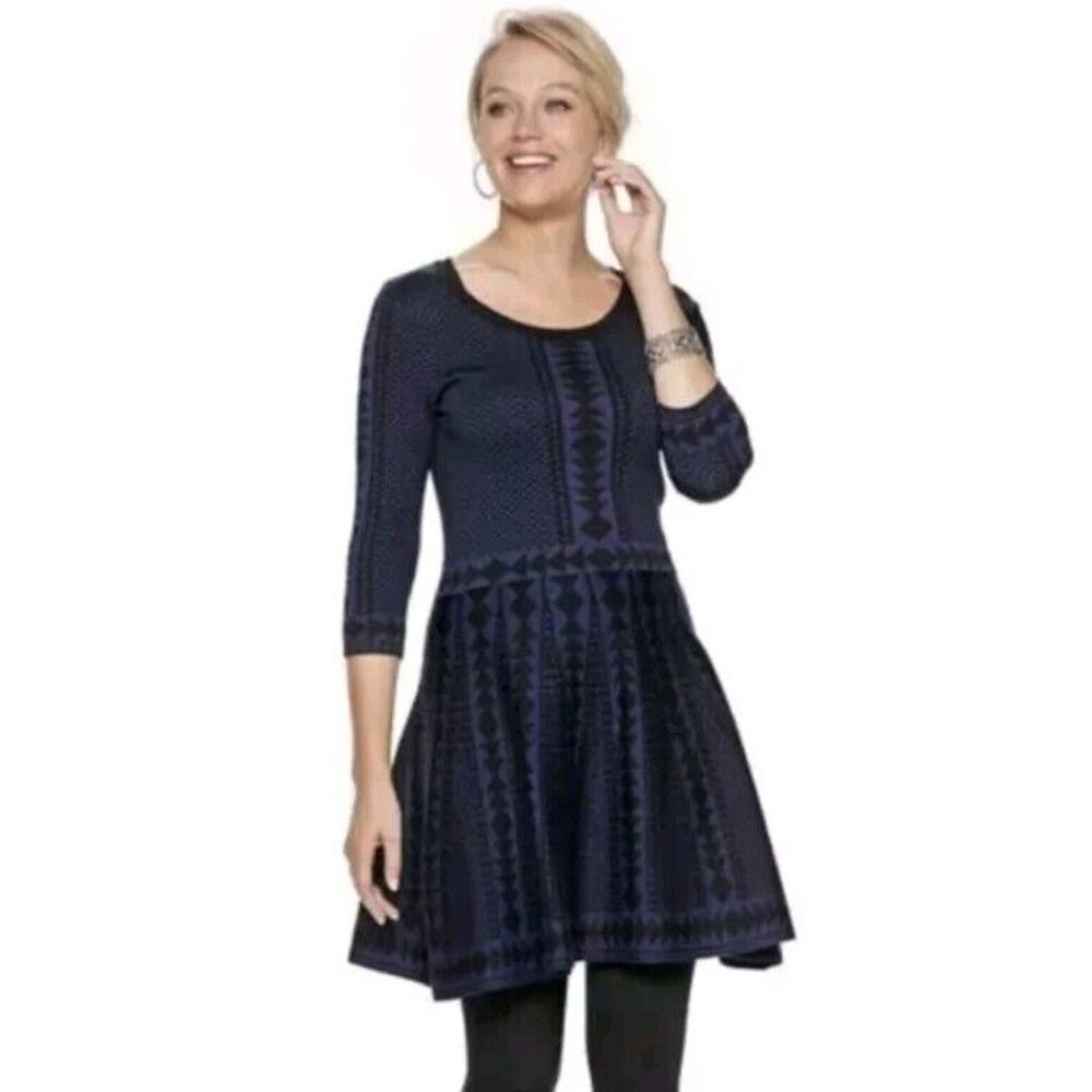 Nina Leonard Womens Navy Black Geometric Fit & Flare Dress Sz XL Midi Short 3491